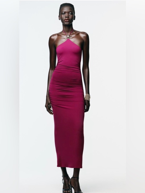 Zara Dresses & Skirts - ZARA Ruched Halter Midi Dress in Deep Magenta size medium